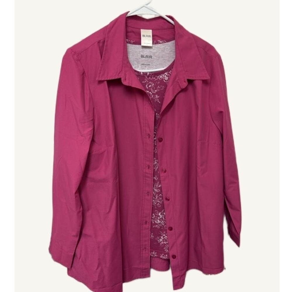Blair Women's Pink Floral 3/4 Sleeve Top & Button-Up Shirt 2-Piece Set Large
